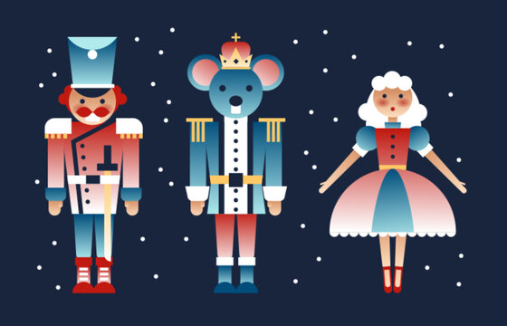 Festive nutcracker collection with soldier, mouse king and ballerina on snowy dark background - colorful Christmas characters in traditional uniforms, crown and tutu. Holiday fairy tale figures toys