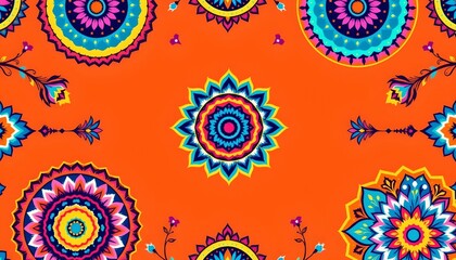 a brightly colored pattern with intricate designs that include floral motifs and symmetrical shapes resembling mandalas or sunbursts in vibrant shades of orange, pink, blue, and purple