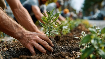 Environmentalists planting trees in a community, eco-friendly teamwork and sustainability