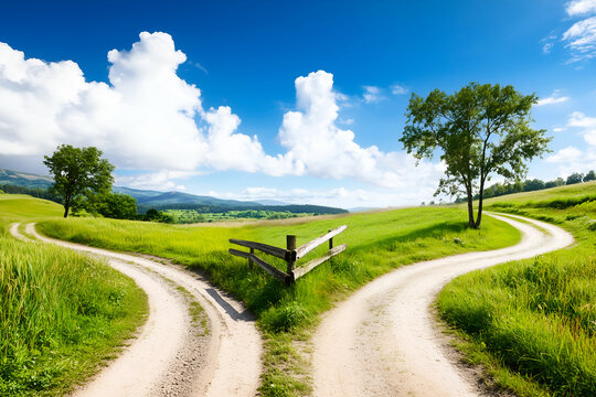 split country road in vibrant woodland, choice and direction