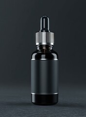 Naklejka premium Dark amber glass bottle with silver dropper top and blank black label, sitting on a dark surface against a dark background