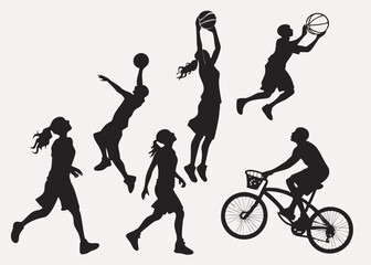 Silhouettes of Active People Playing Basketball and Riding a Bicycle on White Background