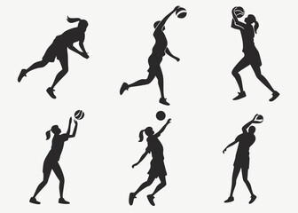 Female Athletes Playing Volleyball Silhouette Set