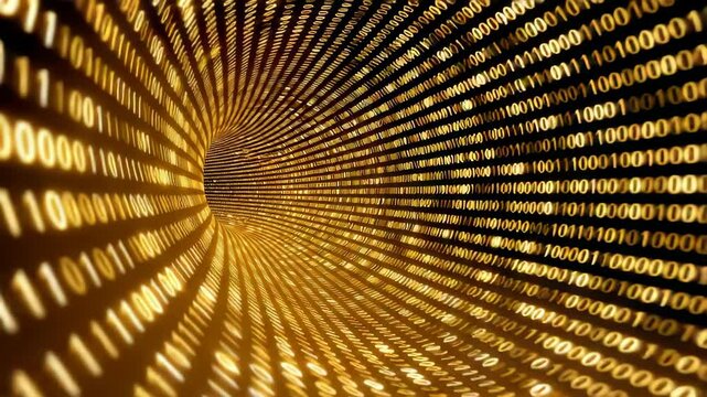 Dynamic Tunnel of Golden Binary Code Creating a Sense of Depth and Movement in a Digital Environment