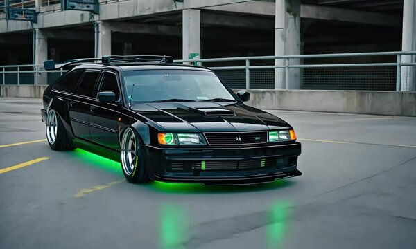Stunning black car shines under city lights with neon green accents at night