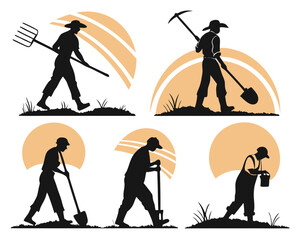 Obraz premium Silhouette Illustration of Farmers Working in a Field