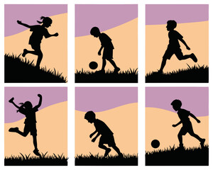 Children Playing Soccer in a Field Silhouette Illustration