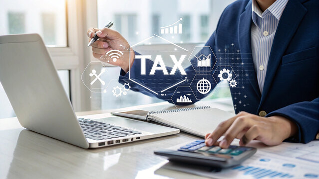 Tax Planning, Businessman using laptop to complete income tax return form online