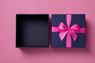 Dark-blue square gift box, open, revealing empty interior; adorned with a vibrant pink satin bow on a pink background