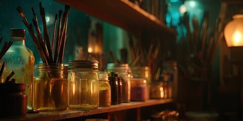 Dimly lit artist's shelf displays paintbrushes in jars, various bottles & containers of art supplies
