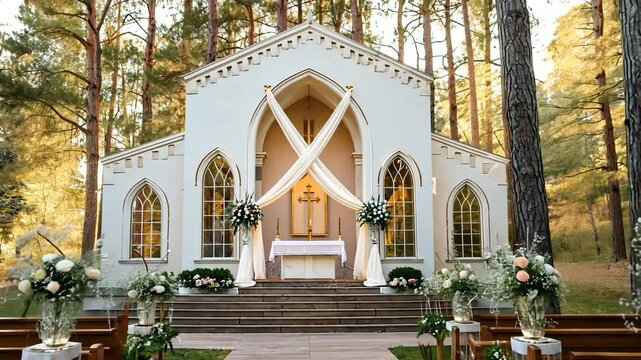 Charming outdoor wedding ceremony at a picturesque chapel surrounded by tall pine trees