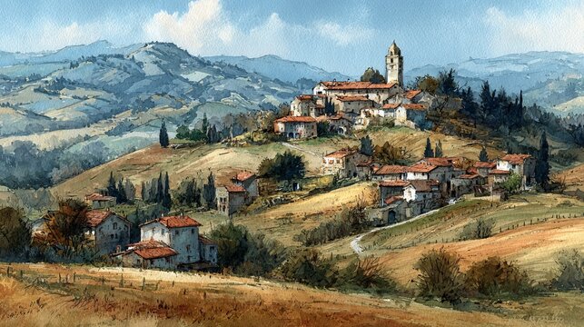 Watercolor landscape of Marche hills with sustainable hamlet in social sphere, showcasing green environment, rural community, and peaceful natural scenery with rolling hills and trees.