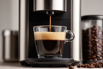 Espresso machine dispensing dark, rich espresso into a clear glass cup with crema, coffee beans nearby