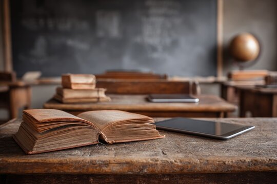 An aged, open book and tablet rest on a worn wooden desk in a dimly lit classroom; a chalkboard and globe are in the background - Powered by Adobe