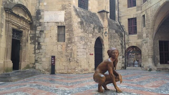 This video captures a remarkable sculpture in Narbonne. Perfect for artistic projects, showcasing cultural heritage and the blend of modern and historical elements.