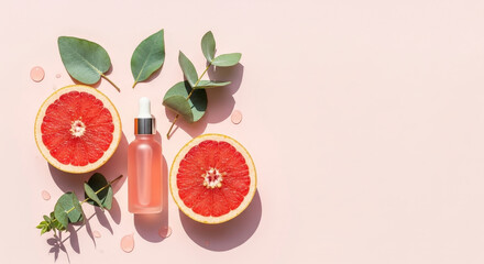 Grapefruit Slices with Serum Bottle and Eucalyptus Leaves on Pink Background for Skincare Beauty and Natural Wellness Still Life Flat Lay
