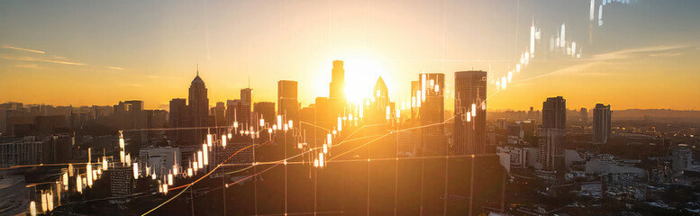 Photography of a Virtual financial stock market graph with upward trending lines and candlestick charts on the background of an urban skyline.