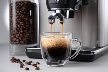 Espresso machine dispensing rich, dark espresso into a clear glass cup; coffee beans nearby