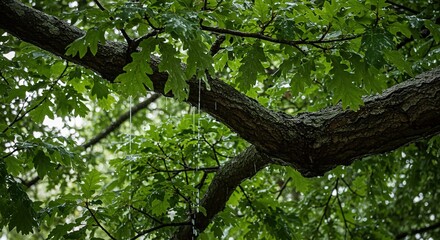 Tree branches with green leaves against a bright sky viewed from below.