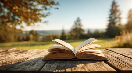 An open book rests on a rustic wooden table outdoors, bathed in warm sunlight.  A serene landscape of trees and hills forms a blurred background