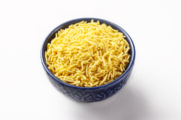 Indian snacks called sev or crispy shev isolated on white background 