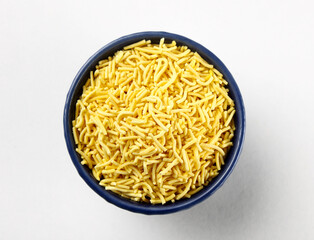 Indian snacks called sev or crispy shev isolated on white background 