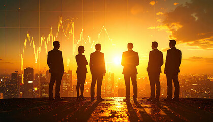 Fototapeta premium Photography group of silhouette businesspeople standing looking market trade graph background.