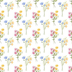 Seamless floral pattern minimalist repeating digital background with watercolor flowers. Fabric wallpaper print texture. Perfectly for backdrop, wrapped paper, linen.
