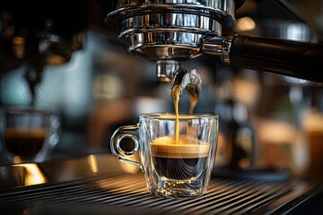 Espresso pouring from a gleaming chrome espresso machine into a small, clear glass cup, sitting on a metallic drip tray.  The crema is visible on the espresso's surface