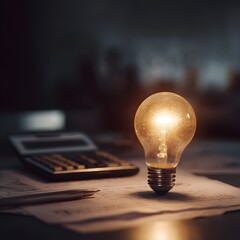 Glowing light bulb above a financial planning workspace