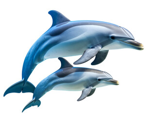 Mother Dolphin Swimming Beside Calf, Side View Underwater Scene, isolated on a transparent background.