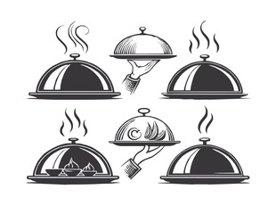 Set of Six Steaming Food Tray Vector Icons – Black and White Serving Dish Clipart for Restaurant and Catering Use