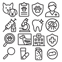 Veterinary line art icon set. Contains such icons as pets, medical history, health care, vet, vaccines, test, 
dental care, antiparasitic, diagnosis, x ray, veterinary clinic 