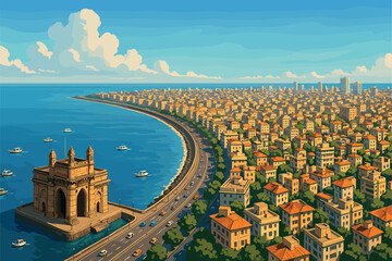 Mumbai panorama with Gateway of India and Marine Drive coastline
