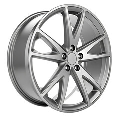 Modern silver alloy car wheel with a sleek five spoke design on a Transparent background