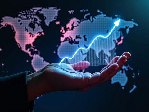 Global economic growth and financial success symbolized by rising graph in hand over digital world map background - Powered by Adobe