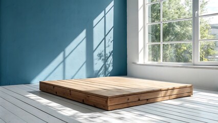 Wooden Platform on White Floor Against Blue Wall with Sunlight and Window Shadows 
