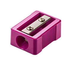 A bright pink plastic pencil sharpener with a metal blade and screws on a Transparent background