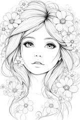 Fototapeta premium Woman with long blonde hair and a flowery headband. The flowers are scattered all over her face and hair