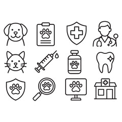 Veterinary line art icon set. Contains such icons as pets, medical history, health care, vet, vaccines, test, 
dental care, antiparasitic, diagnosis, x ray, veterinary clinic 