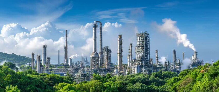 A large industrial plant with a backdrop of beautiful skies and green flora is seen.