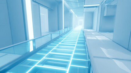 Obraz premium Futuristic corridor illuminated by cool blue light with glowing grid floor, sleek white walls, transparent glass railing, and geometric ceiling design.