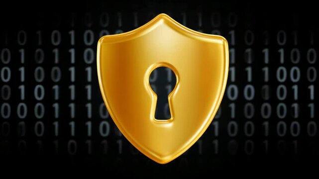 Golden Shield Icon With Keyhole Against Black Digital Backdrop Featuring Binary Code