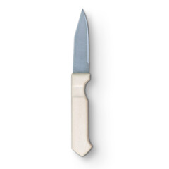 A simple kitchen knife featuring a metal blade and a light-colored handle, designed for cutting tasks.