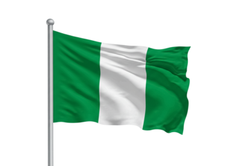The Nigerian flag waving in the wind on a bright day. 