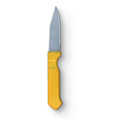 A simple utility knife with a yellow handle and a steel blade, designed for cutting tasks.