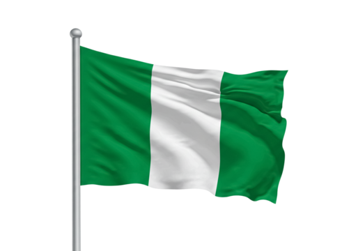 The Nigerian flag waving in the wind on a bright day. 