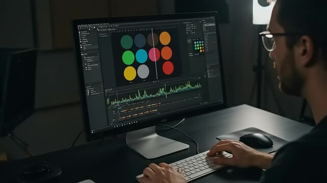 Graphic designer working on color palette design on computer screen - Powered by Adobe