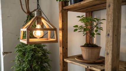 Wooden Pendant Lamp Illuminates Small Plant on Rustic Shelf 
