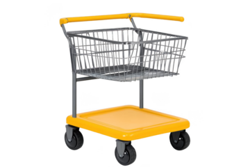 Visualize metallic supermarket trolley with yellow accent and shopping concept.
